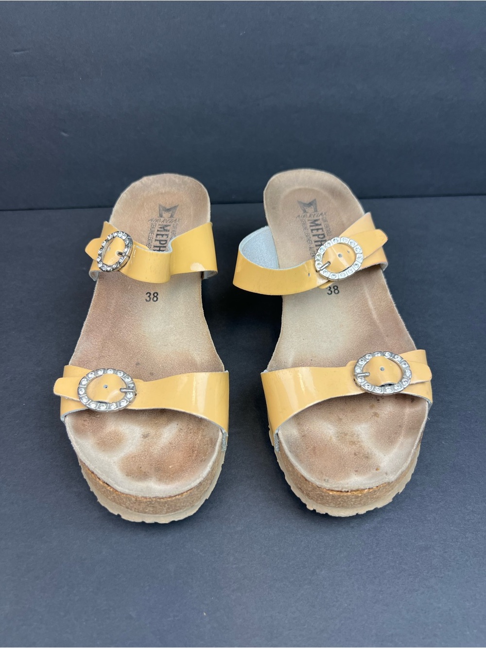 Mephisto Patent Yellow Double-Strap Sandals Rhinestone Buckles US 7.5 Euro 38